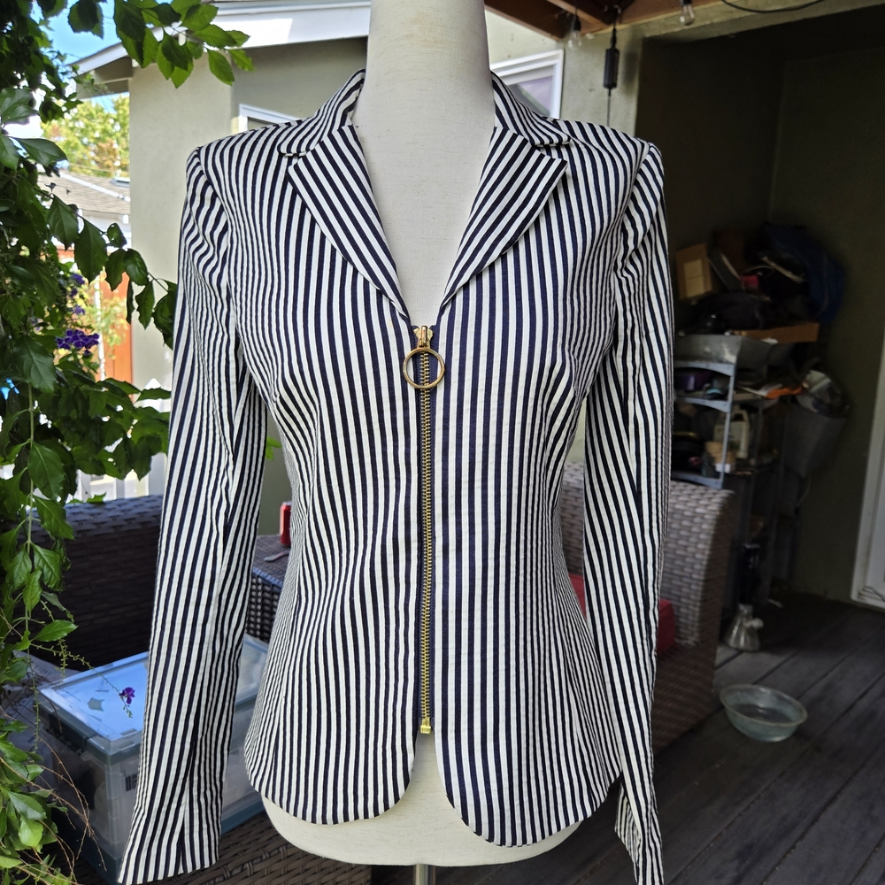 Bailey/44 Navy & White Striped Zip-Front Blazer – Size Small – Made in USA